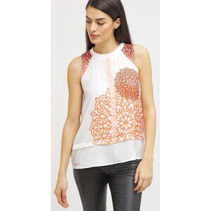 Designer Leira Sleeveless Floral Orange White Top Blouse Crew Neck XL